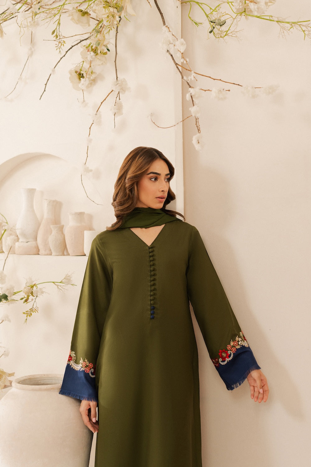 3 Piece - Dhanak Full Heavy Embroidered Suit with Dyed Dhanak Shawl (Unstitched)