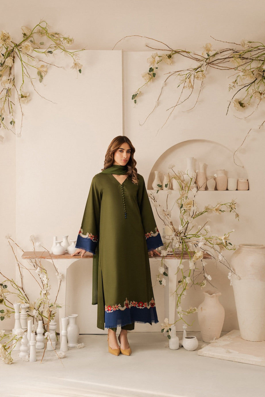 3 Piece - Dhanak Full Heavy Embroidered Suit with Dyed Dhanak Shawl (Unstitched)