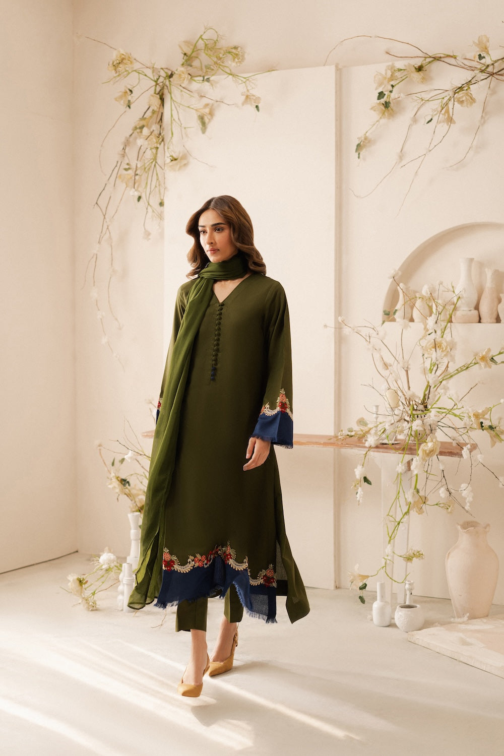 3 Piece - Dhanak Full Heavy Embroidered Suit with Dyed Dhanak Shawl (Unstitched)