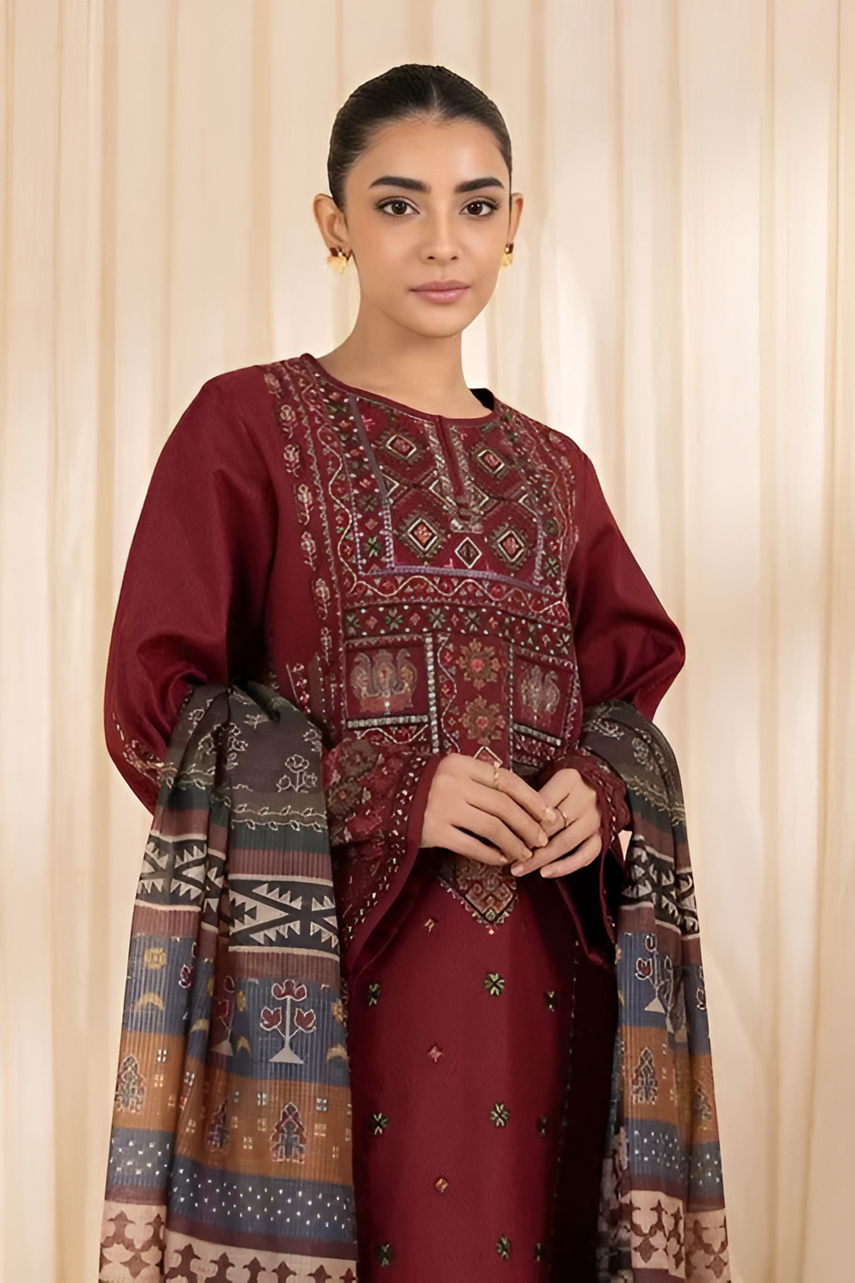 3 Piece - Dhanak Full Heavy Embroidered Suit with Digital Print Wool Shawl Dupatta (Unstitched)