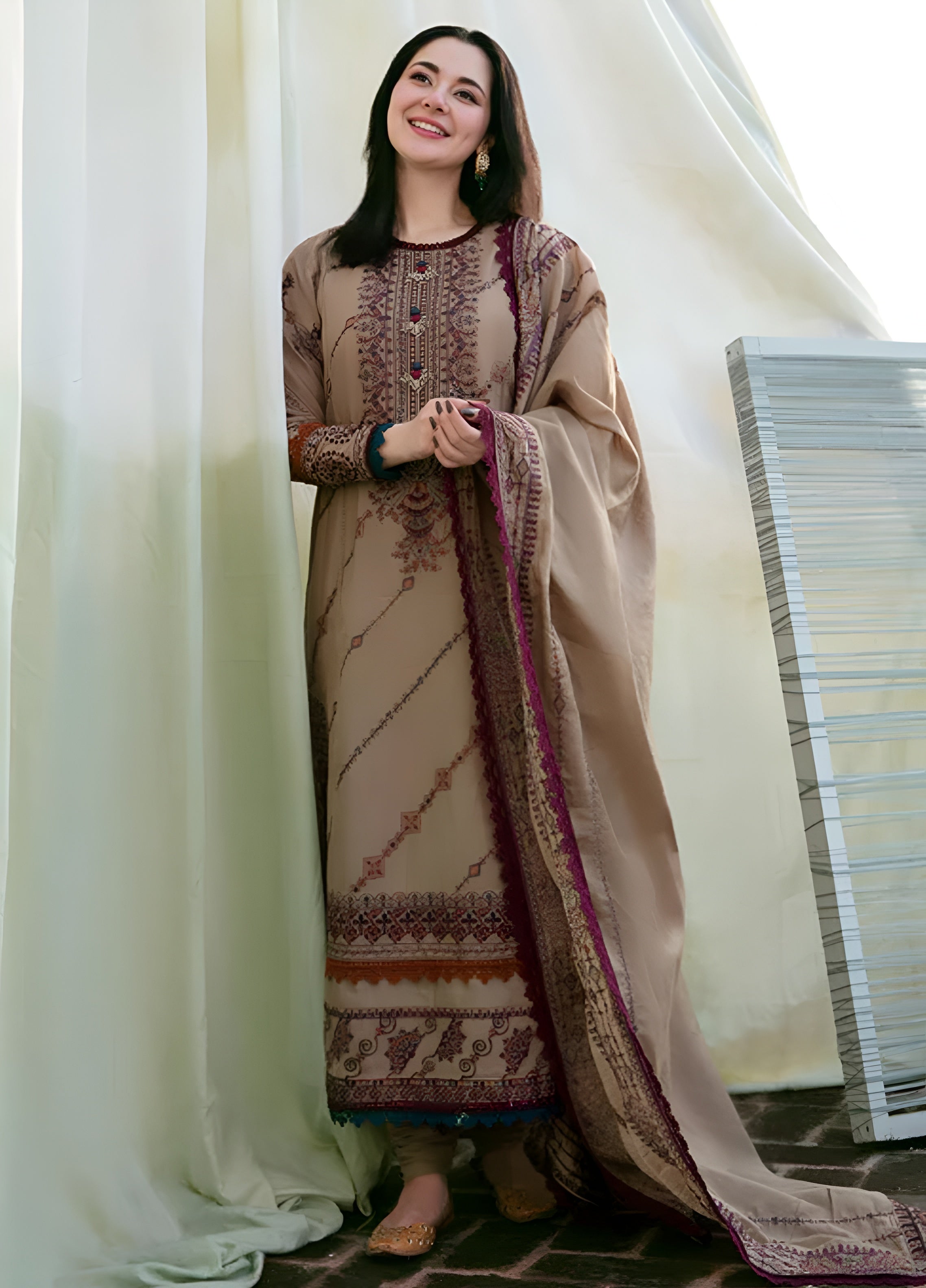3 Piece - Dhanak Full Heavy Embroidered Suit with Dhanak Heavy Embroidered Shawl (Unstitched)