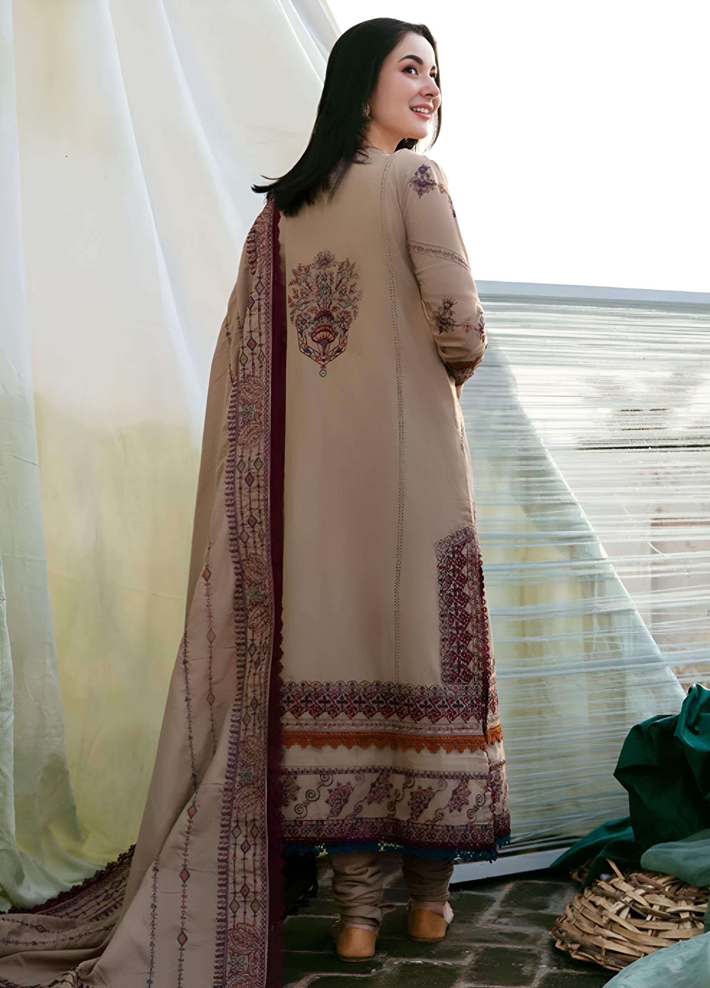 3 Piece - Dhanak Full Heavy Embroidered Suit with Dhanak Heavy Embroidered Shawl (Unstitched)