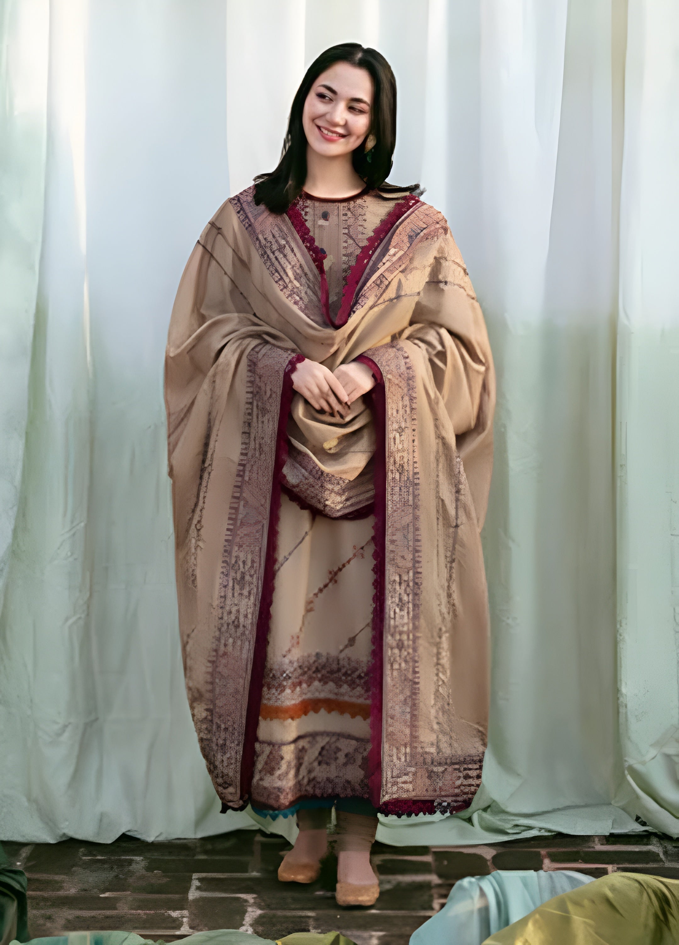 3 Piece - Dhanak Full Heavy Embroidered Suit with Dhanak Heavy Embroidered Shawl (Unstitched)