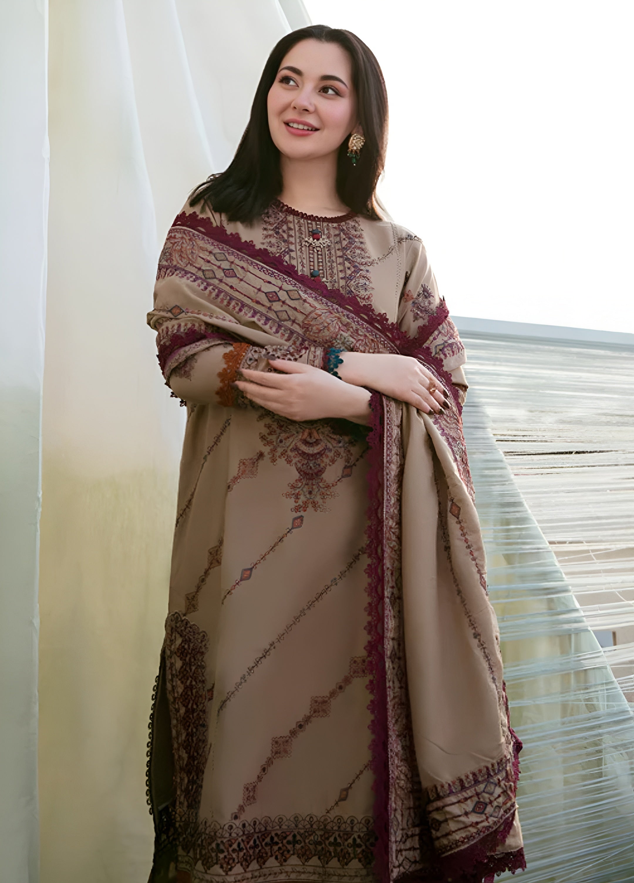 3 Piece - Dhanak Full Heavy Embroidered Suit with Dhanak Heavy Embroidered Shawl (Unstitched)