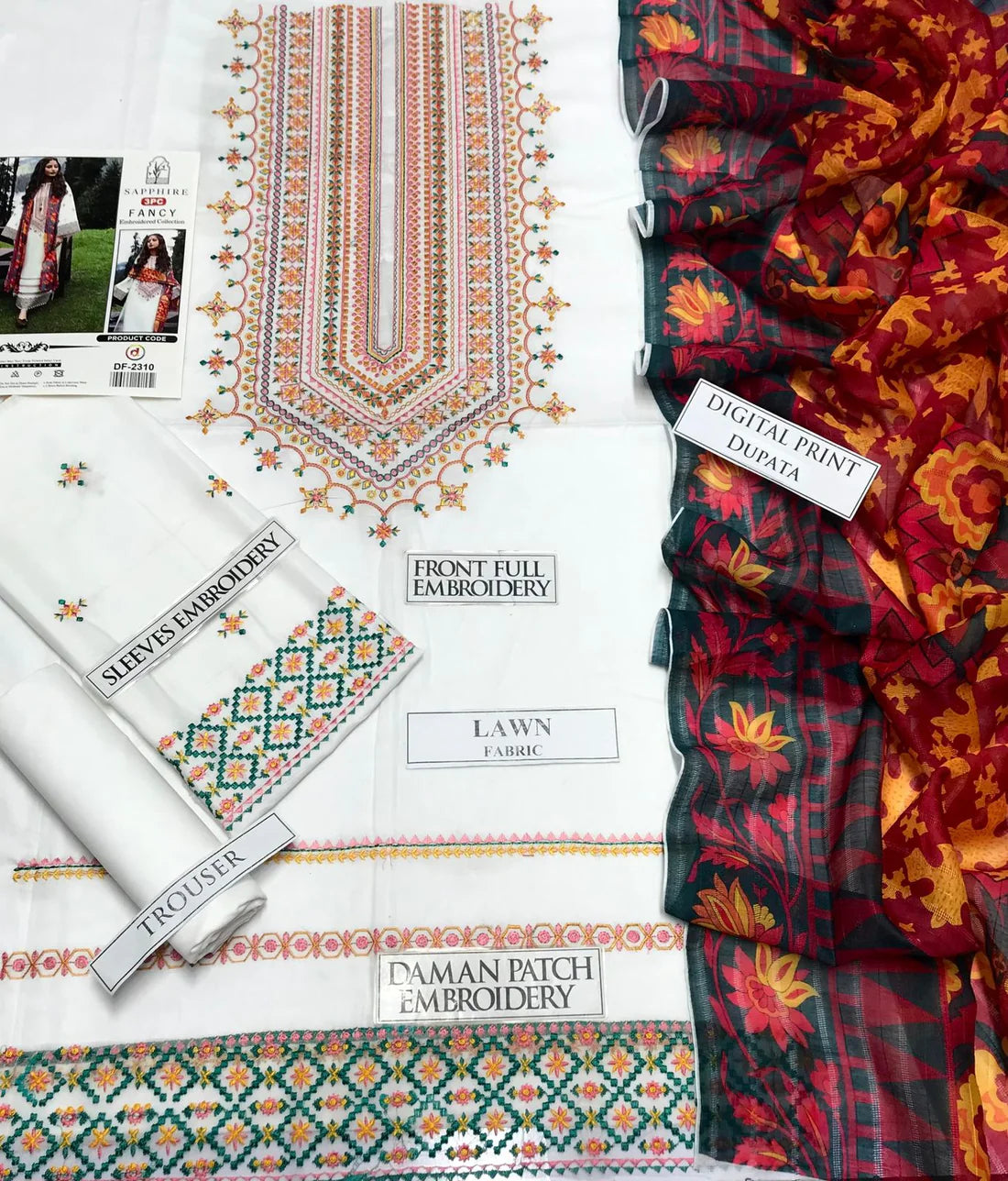 3 Piece - Sapphire Lawn Heavy Embroidered Suit with Duppatta (Unstitched)