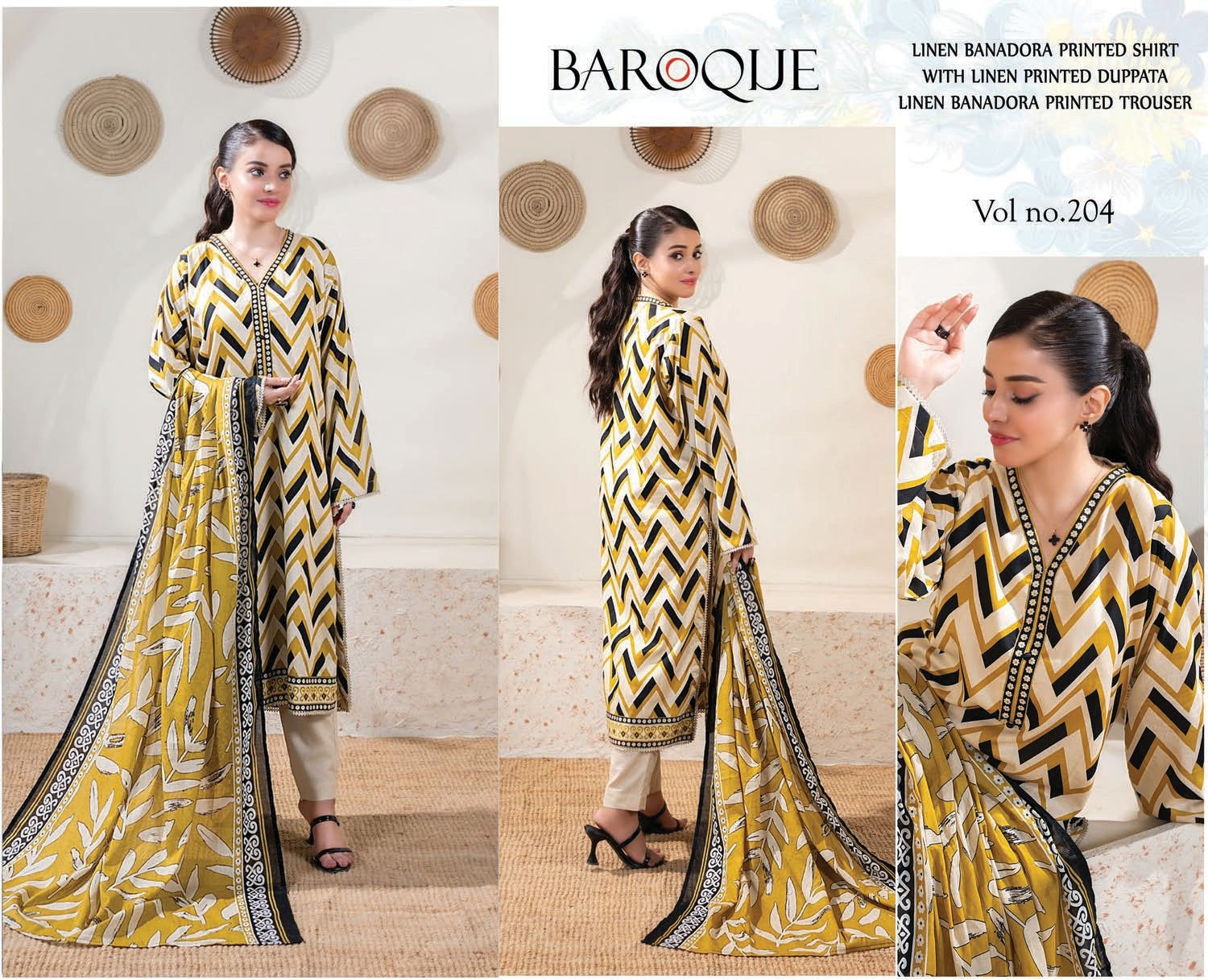 3 Piece - Baroque BanaDora Printed Linen Suit with Linen Duppatta (Unstitched)