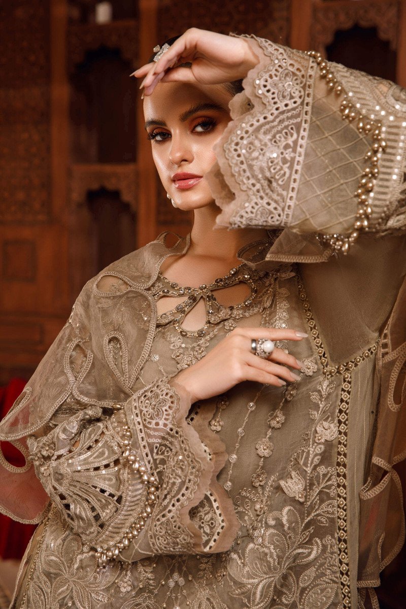 3 Piece - Maria B Organza Full Heavy Embroidered Suit with Heavy Embroidered Organza Dupatta with Chiffon Border (Unstitched)