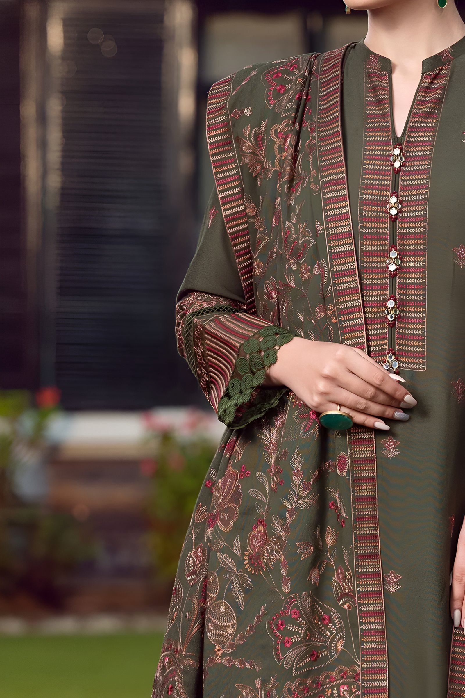 3 Piece - Dhanak Embroidered Suit with Dhanak Embroidered Shawl (Unstitched)