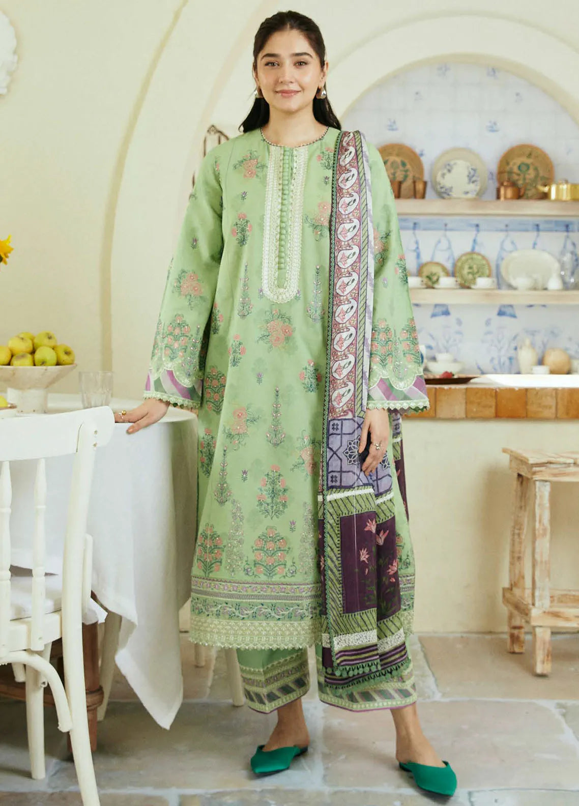 3 Piece - Zara Shahjahan Linen Embroidered Suit with Digital Print Zari Wool Shawl (Unstitched)