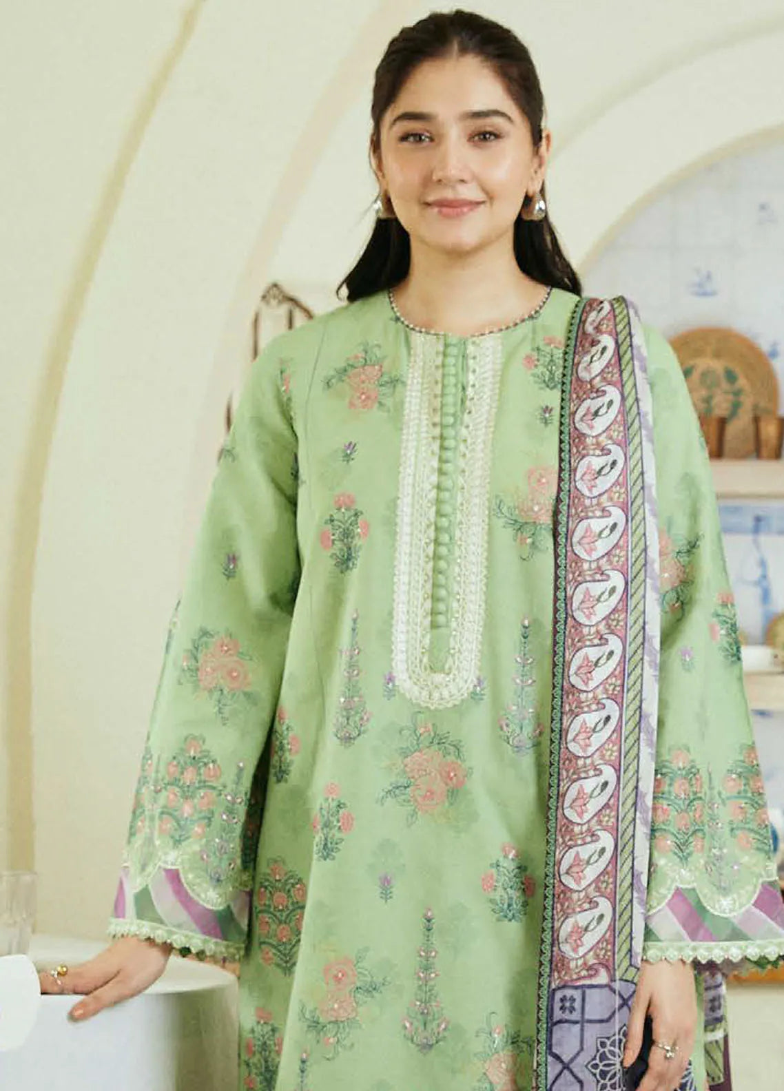 3 Piece - Zara Shahjahan Linen Embroidered Suit with Digital Print Zari Wool Shawl (Unstitched)