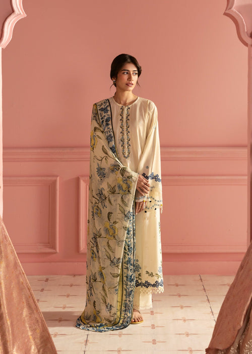 3 Piece - Cross Stitch Dhanak Embroidered Suit with Digital Printed Wool Shawl (Unstitched)