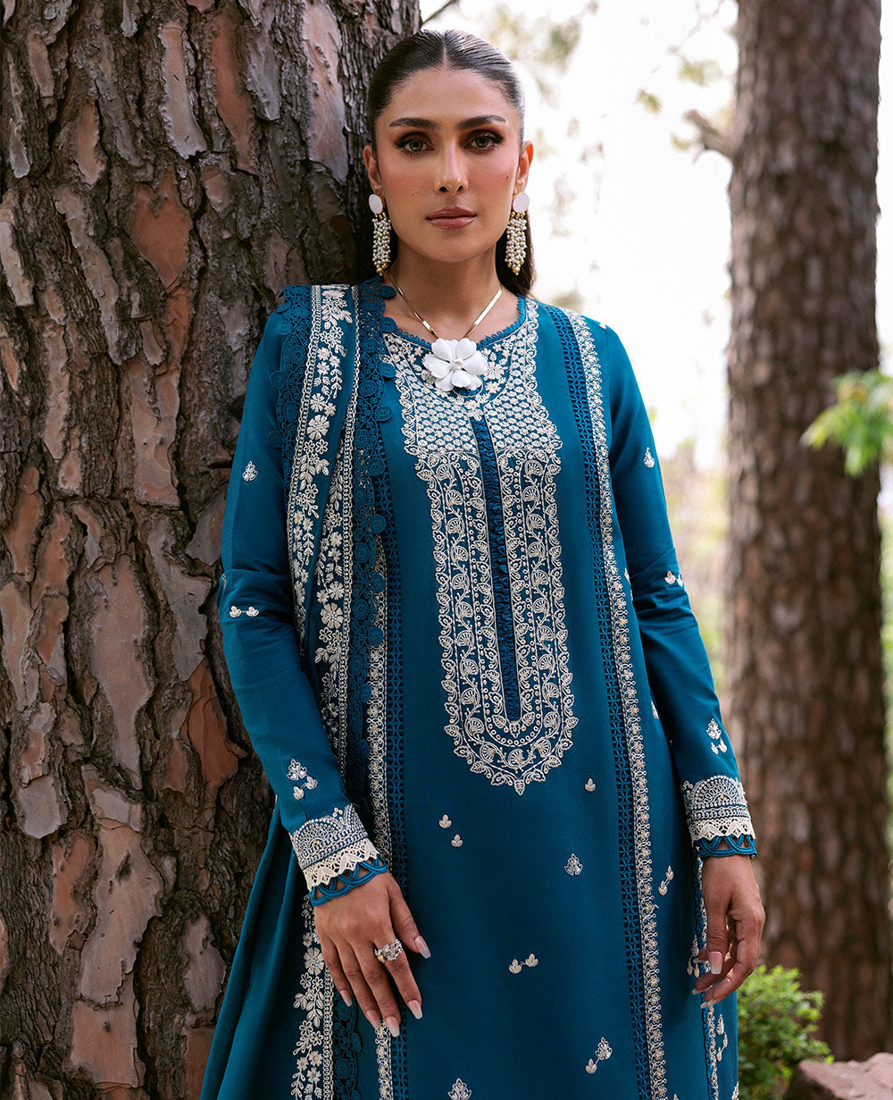 3 Piece - Dhanak Embroidered Suit with Dhanak Embroidered Shawl (Unstitched)