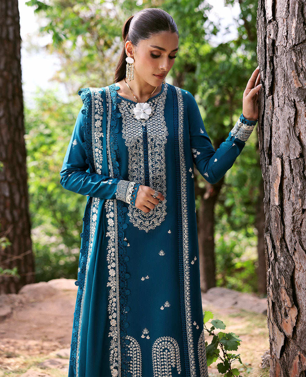 3 Piece - Dhanak Embroidered Suit with Dhanak Embroidered Shawl (Unstitched)