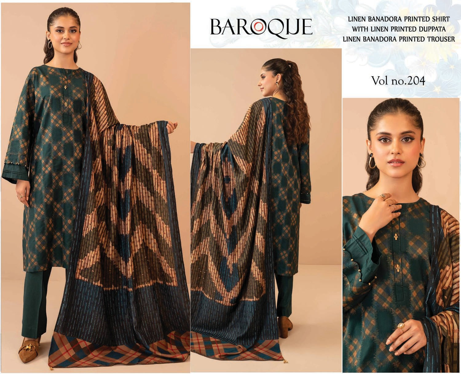 3 Piece - Baroque BanaDora Printed Linen Suit with Linen Duppatta (Unstitched)