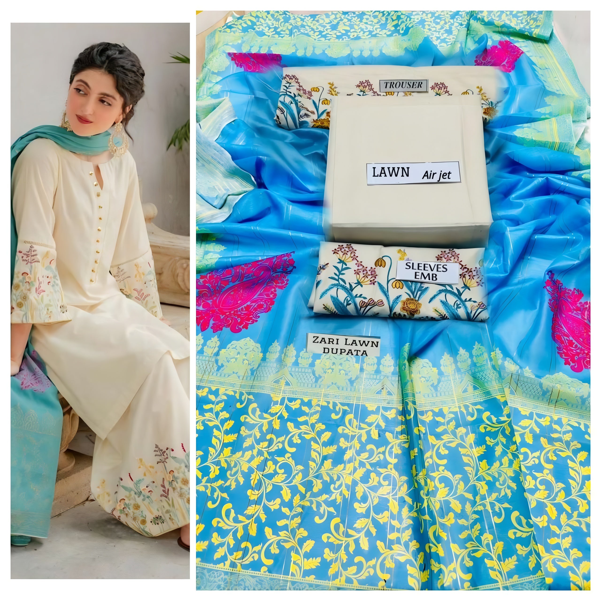 3 Piece - Lawn Embroidered Suit with Printed Slub Duppatta (Unstitched)