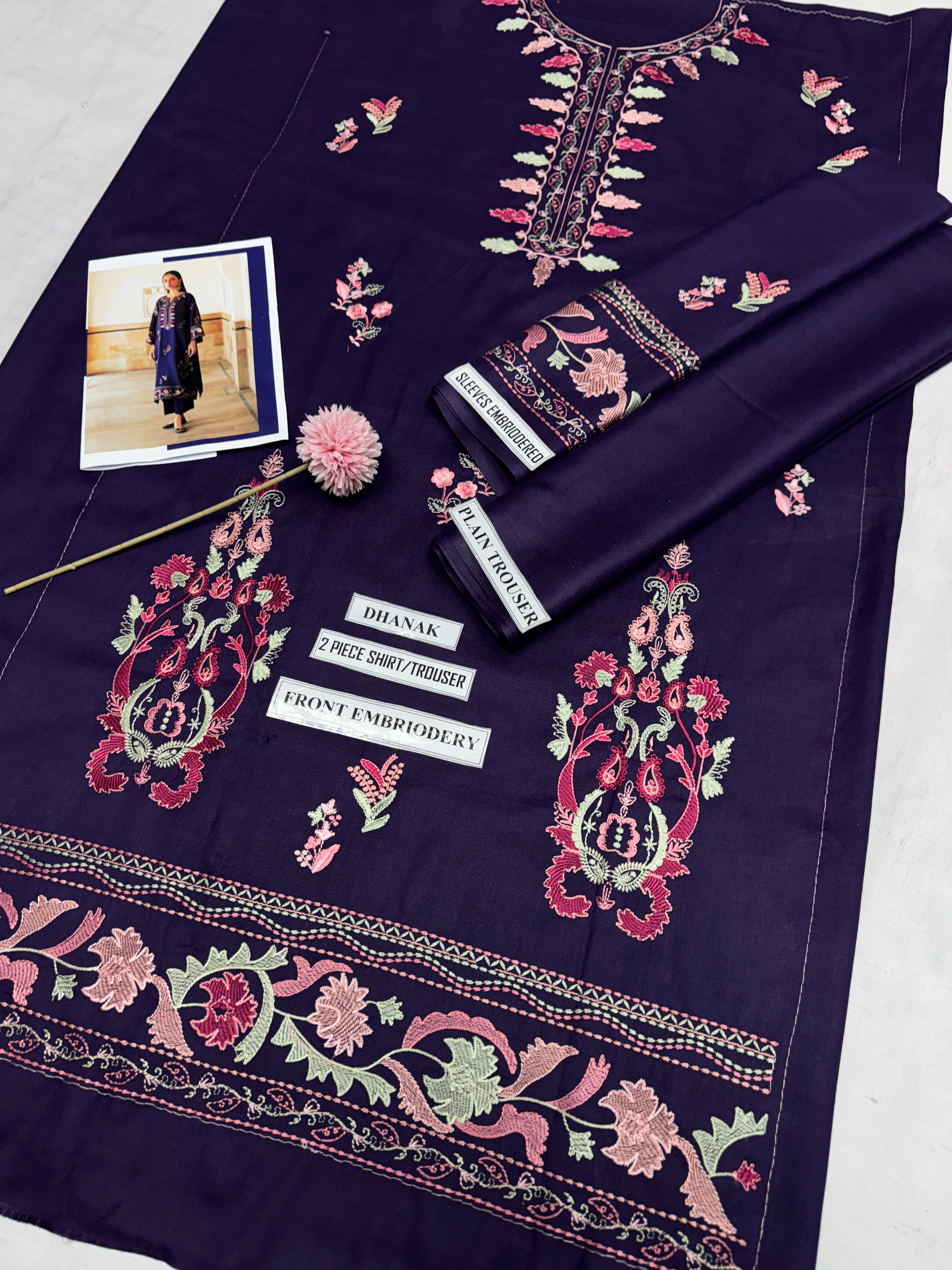 3 Piece - Dhanak Full Heavy Embroidered Suit with Dhanak Embroidered Shawl (Unstitched)