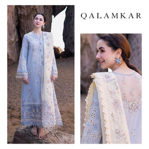 3 Piece - Qalamkar Dhanak Embroidered Suit with Embroidered Khaadi Net Dupatta (Unstitched)