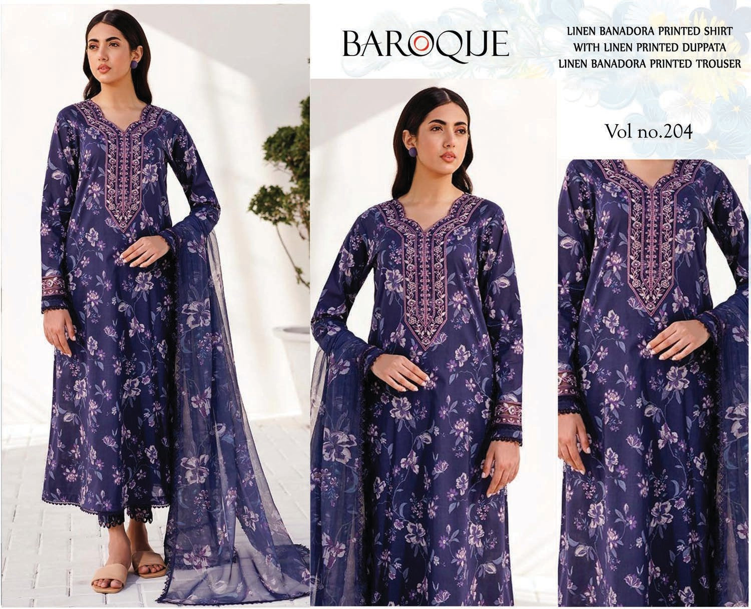 3 Piece - Baroque BanaDora Printed Linen Suit with Linen Duppatta (Unstitched)