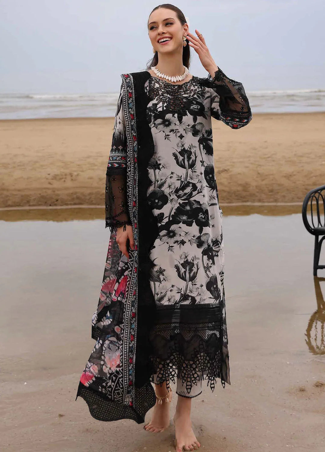 3 Piece - Maria B Linen Embroidered Suit with Embroidered Shawl (Unstitched)