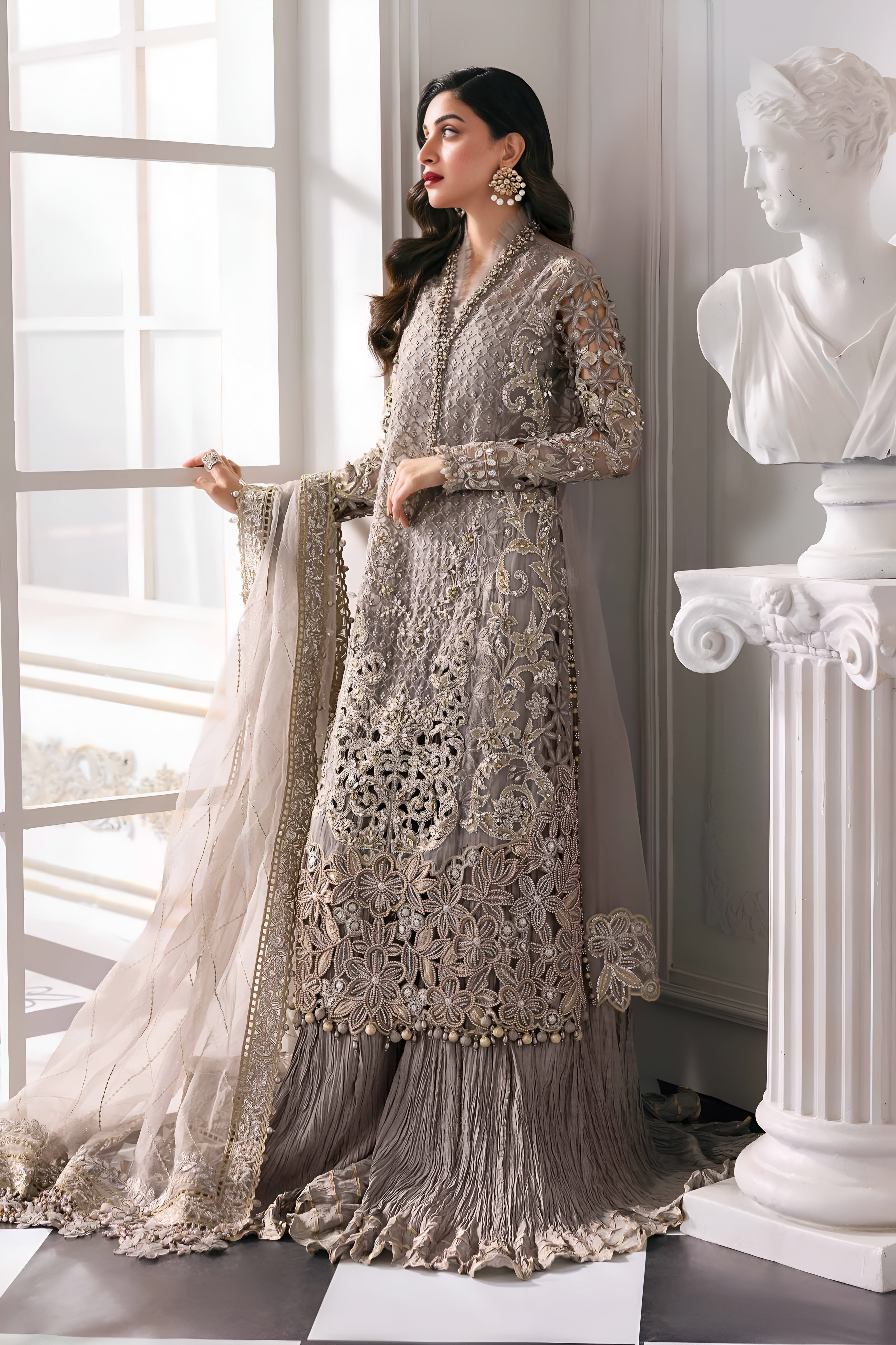 3 Piece - Maria B Chiffon Full Heavy Embroidered Suit with Chiffon Embroidered Duppatta (Unstitched)