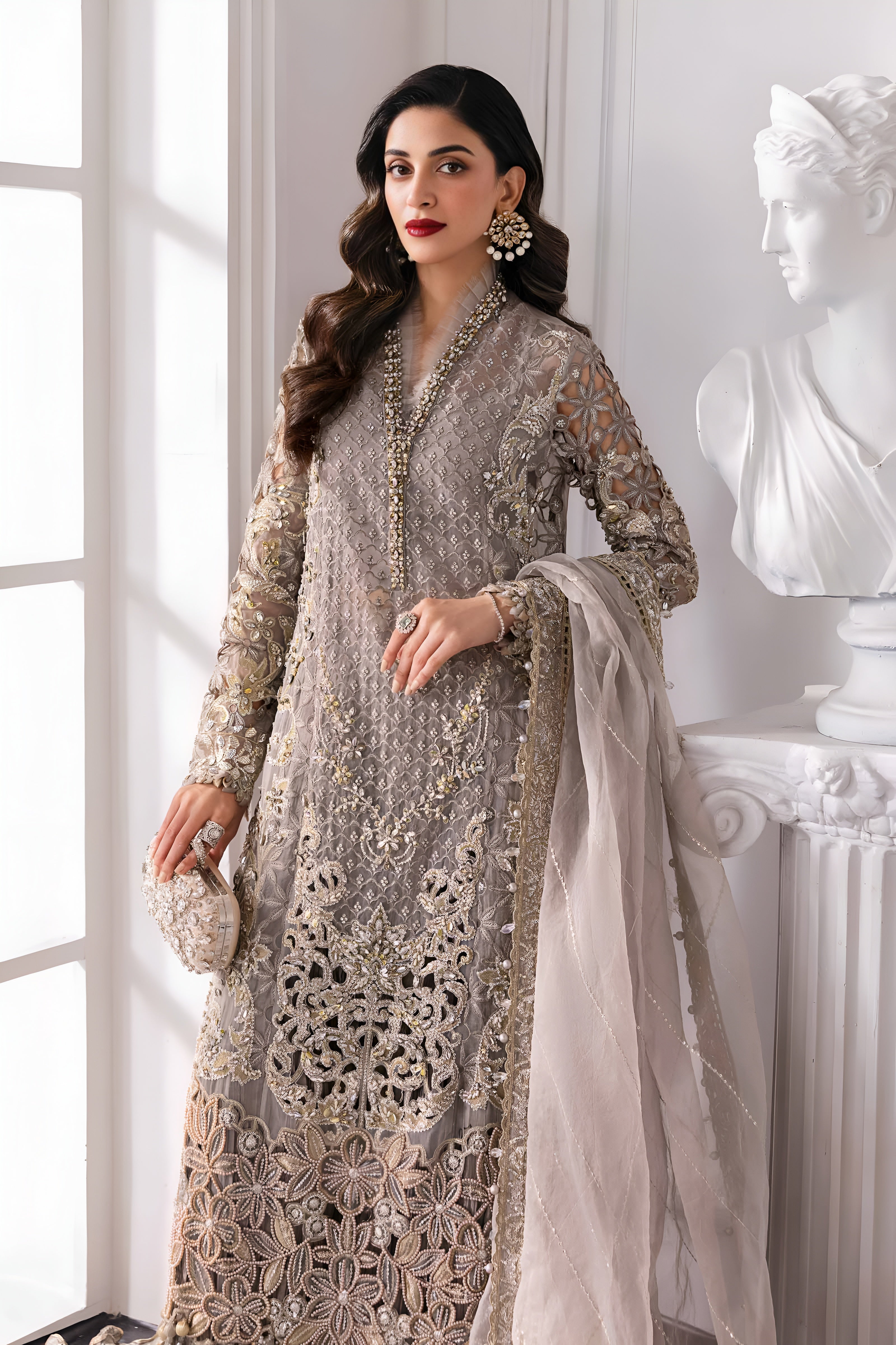 3 Piece - Maria B Chiffon Full Heavy Embroidered Suit with Chiffon Embroidered Duppatta (Unstitched)