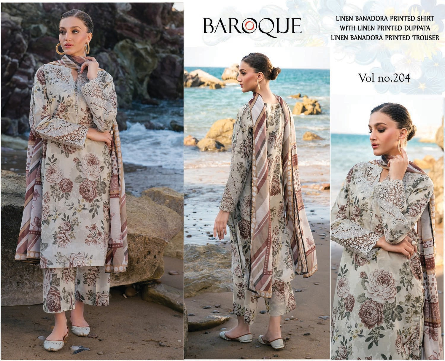 3 Piece - Baroque BanaDora Printed Linen Suit with Linen Duppatta (Unstitched)