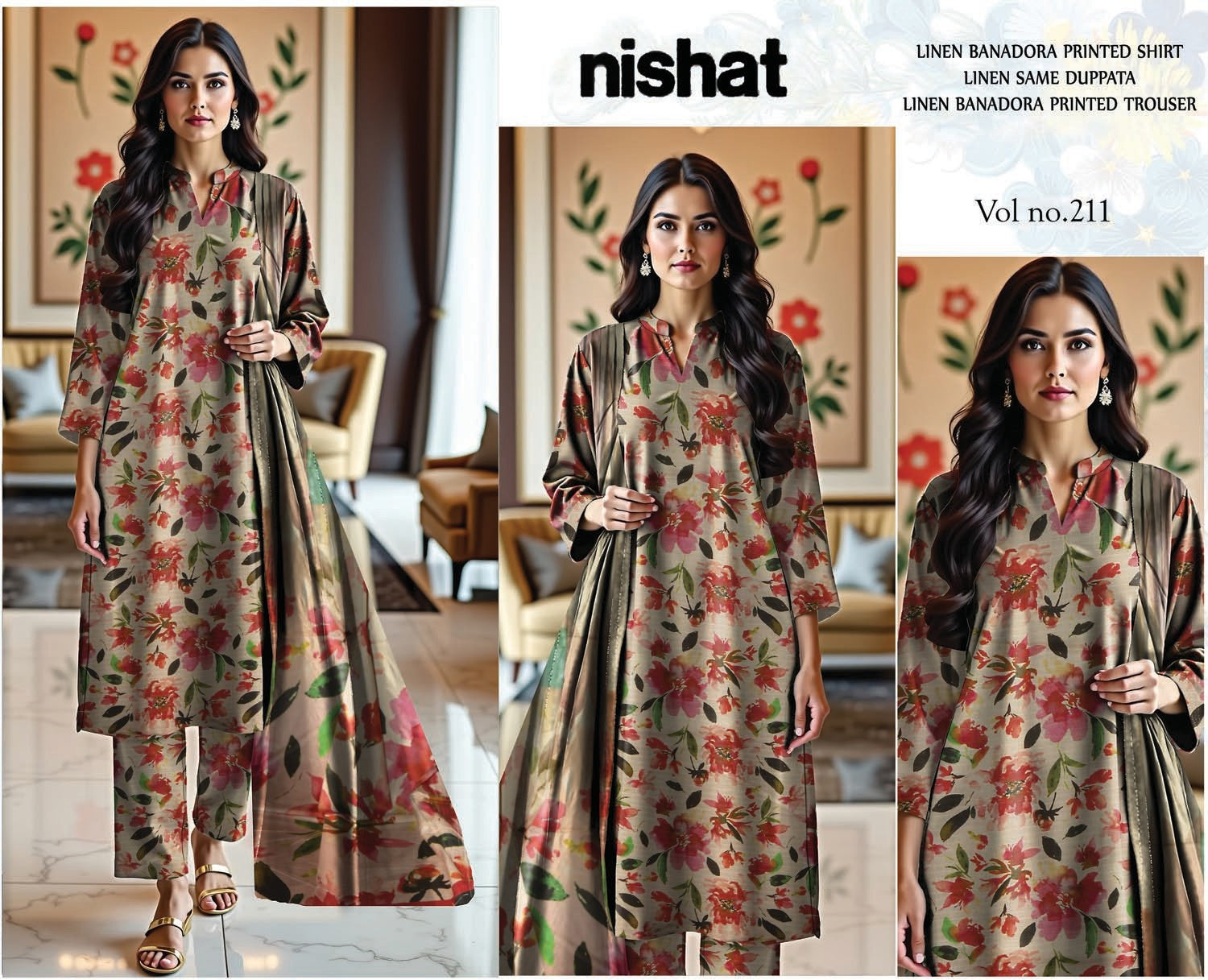 3 Piece - Nishat BanaDora Printed Linen Suit with Linen Duppatta (Unstitched)