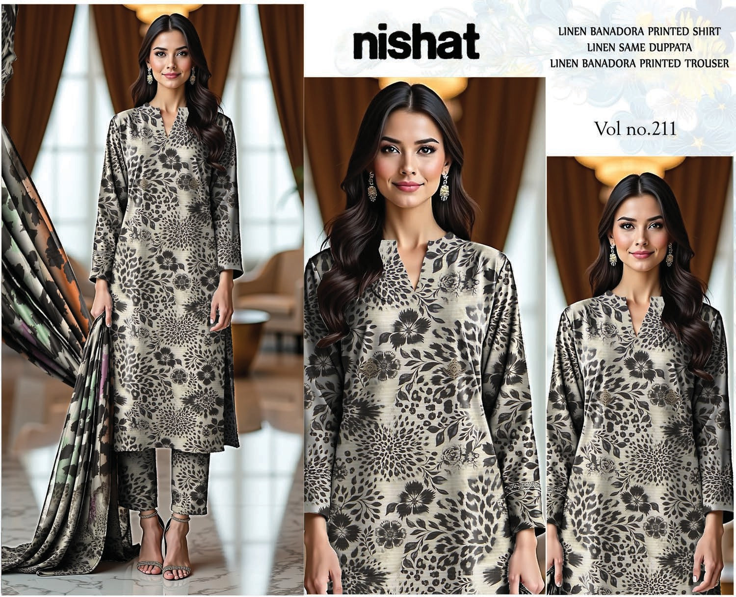 3 Piece - Nishat BanaDora Printed Linen Suit with Linen Duppatta (Unstitched)