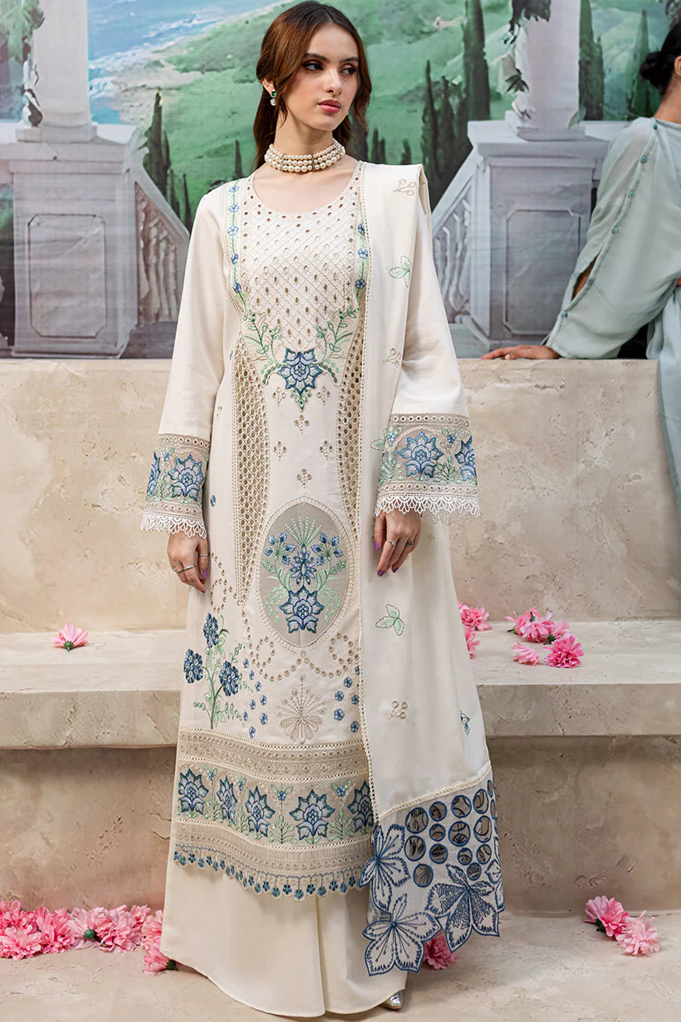3 Piece - Dhanak Embroidered Suit with Dhanak Embroidered Shawl (Unstitched)