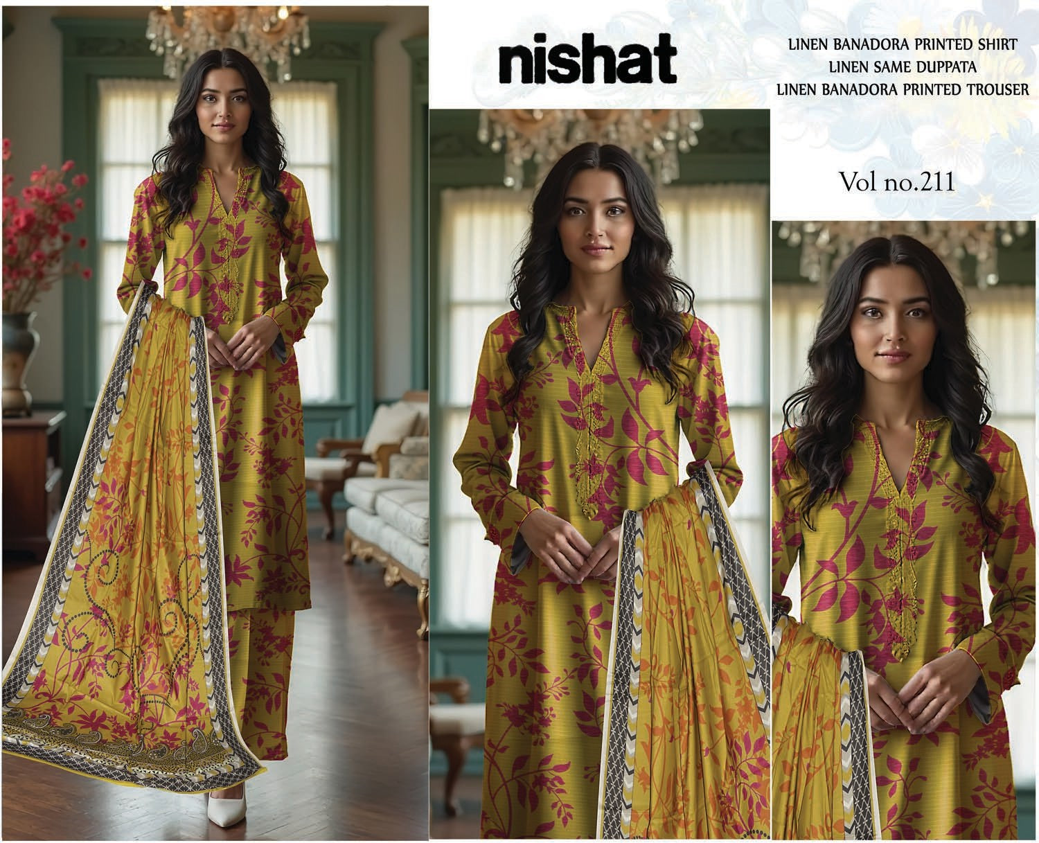 3 Piece - Nishat BanaDora Printed Linen Suit with Linen Duppatta (Unstitched)