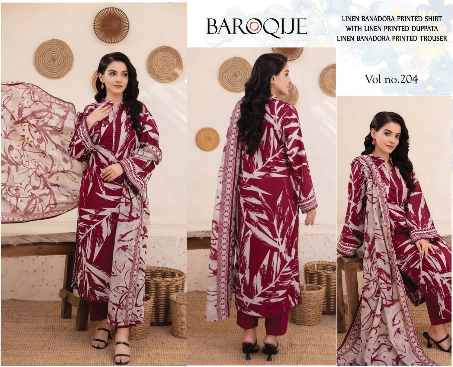 3 Piece - Baroque BanaDora Printed Linen Suit with Linen Duppatta (Unstitched)