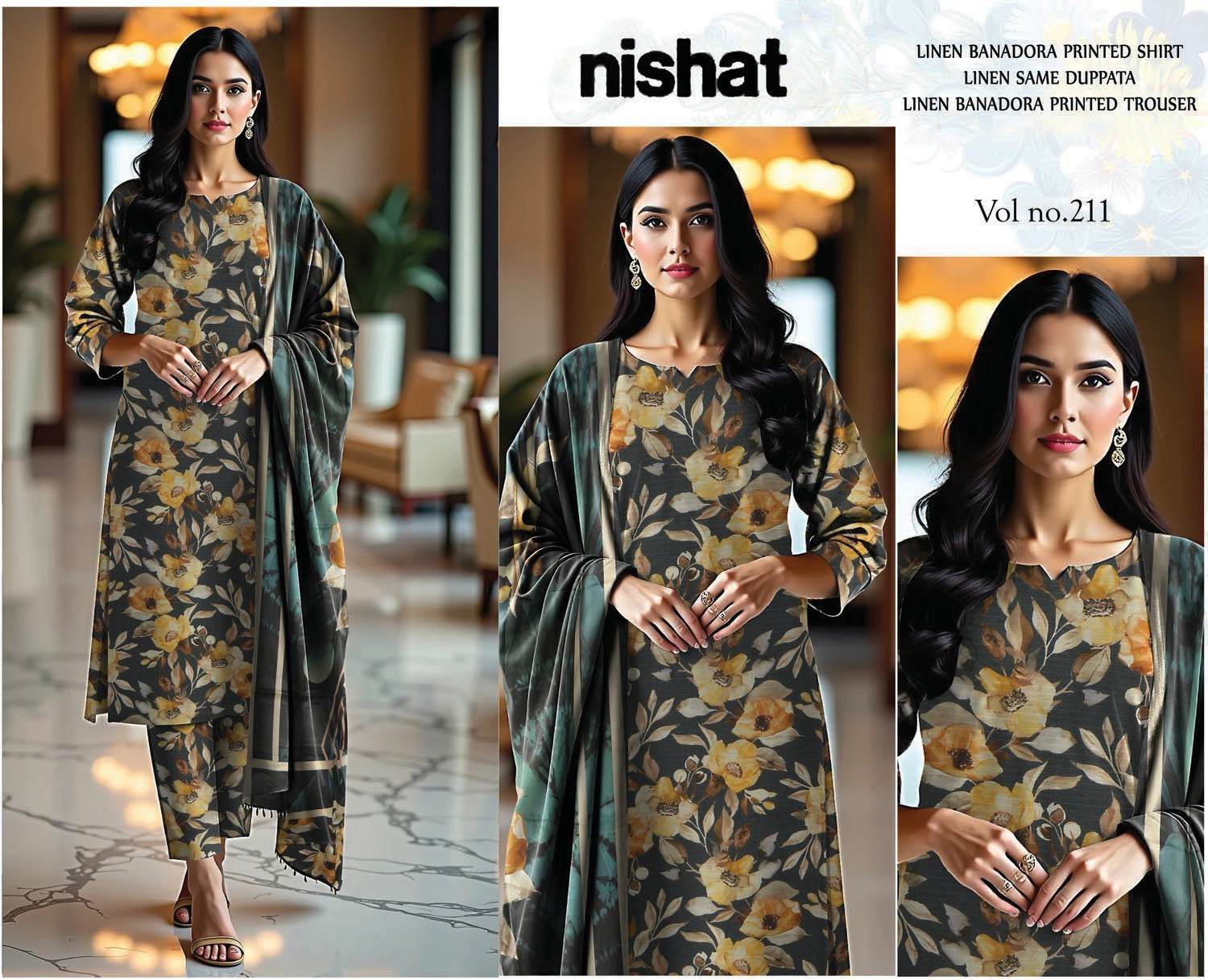 3 Piece - Nishat BanaDora Printed Linen Suit with Linen Duppatta (Unstitched)