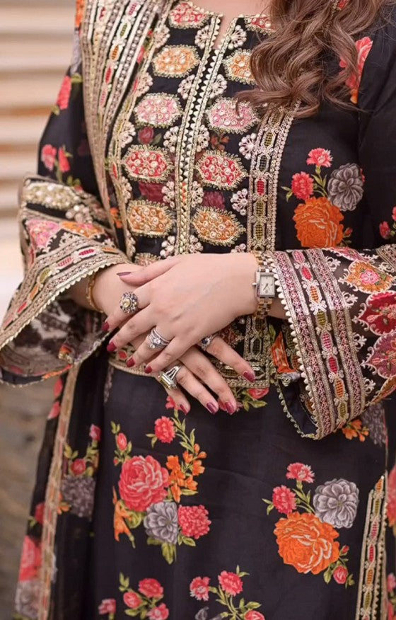 3 Piece - Silk Heavy Embroidered Suit with Silk Digital Print Embroidered Duppatta (Unstitched)