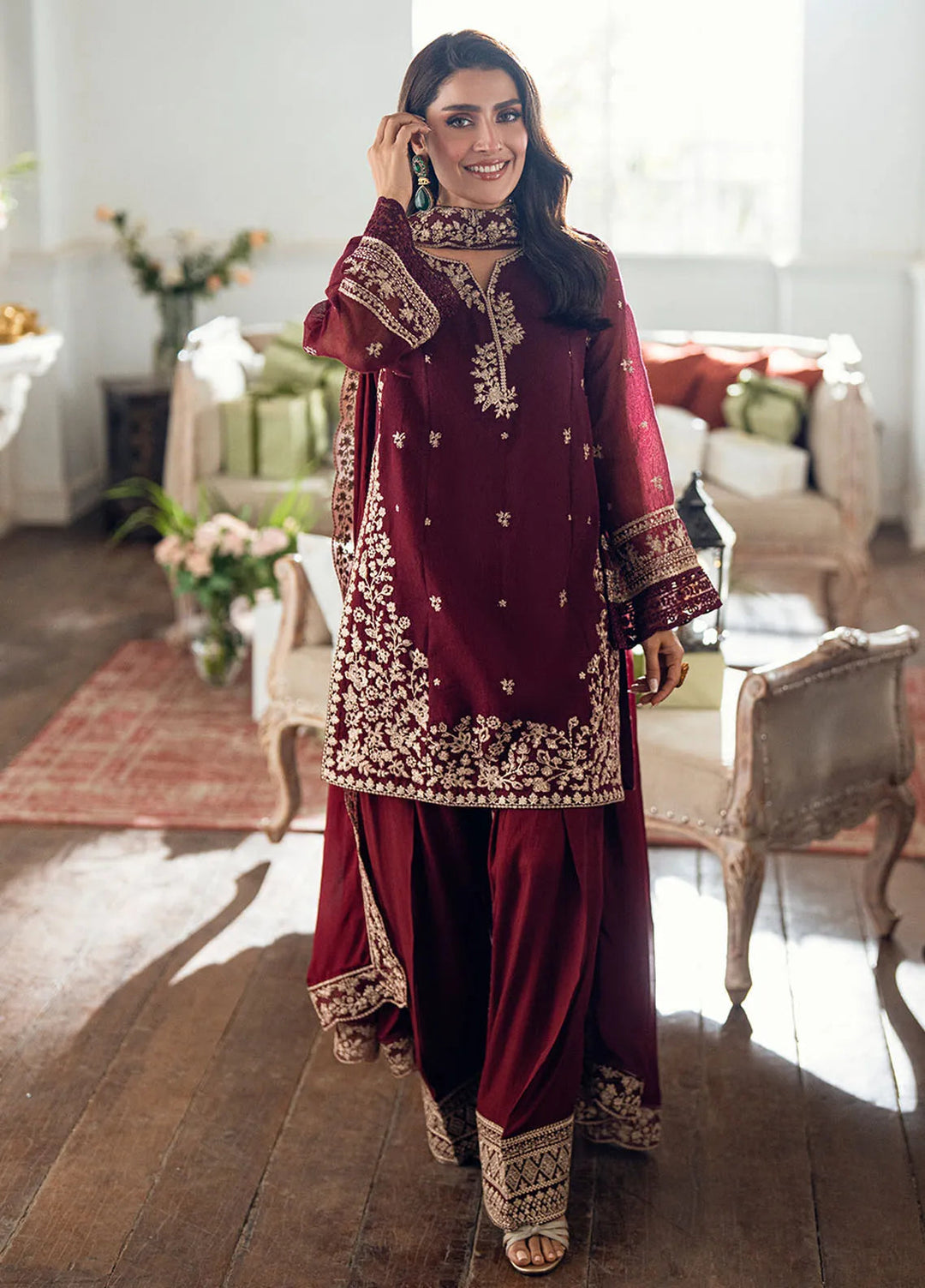3 Piece - Dhanak Full Heavy Embroidered Suit with Embroidered Dhanak Shawl (Unstitched)