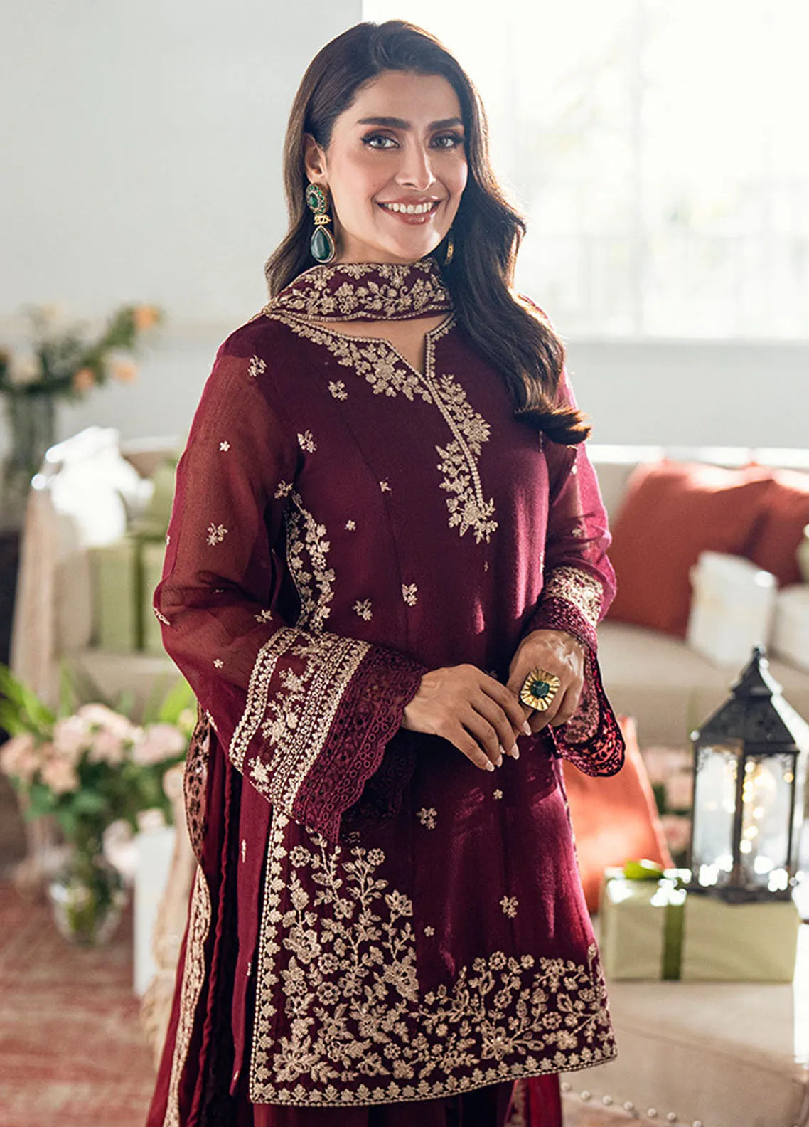 3 Piece - Dhanak Full Heavy Embroidered Suit with Embroidered Dhanak Shawl (Unstitched)