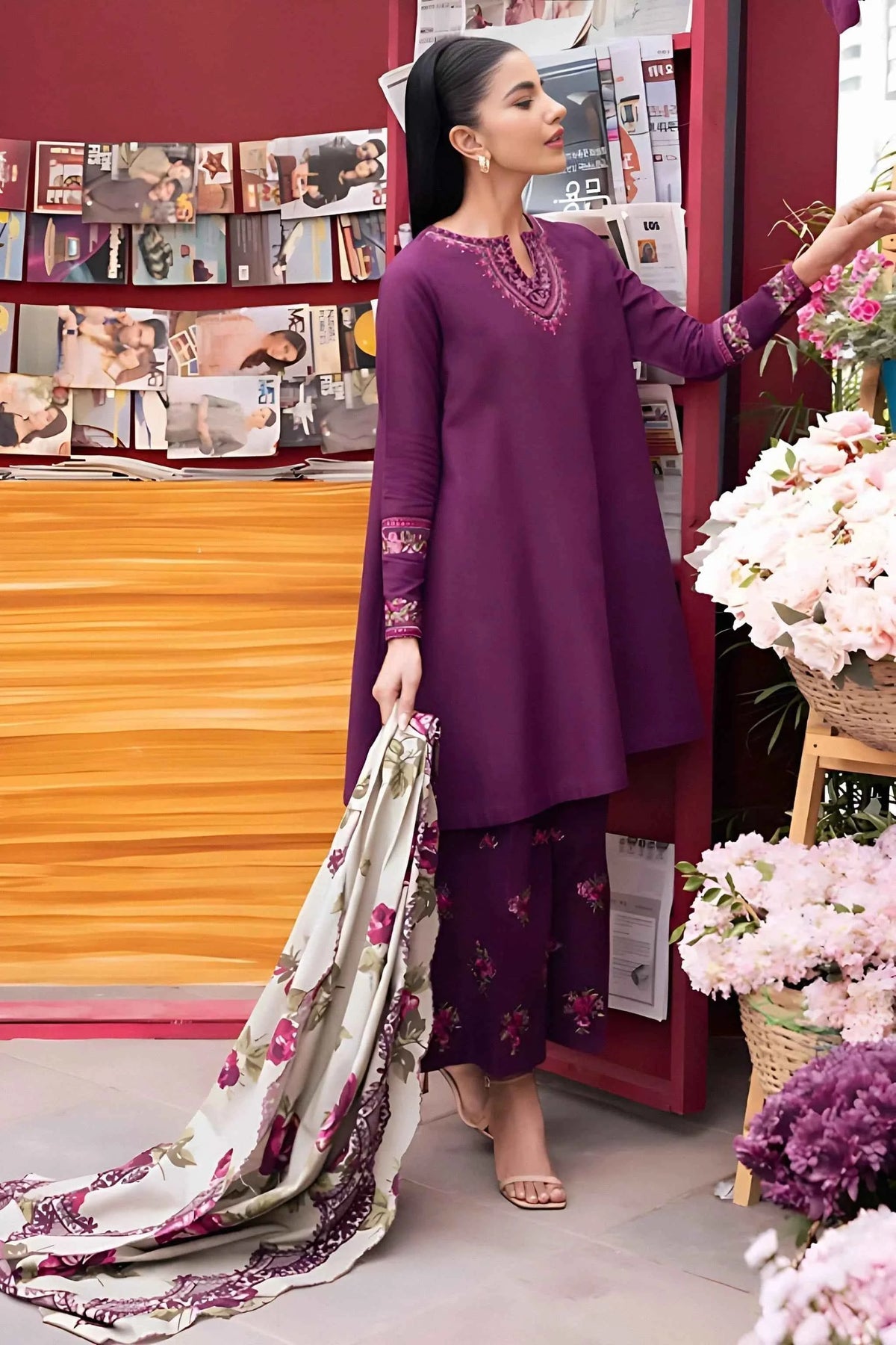 3 Piece - Dhanak Embroidered Suit with Digital Printed Pashmina Shawl (Unstitched)
