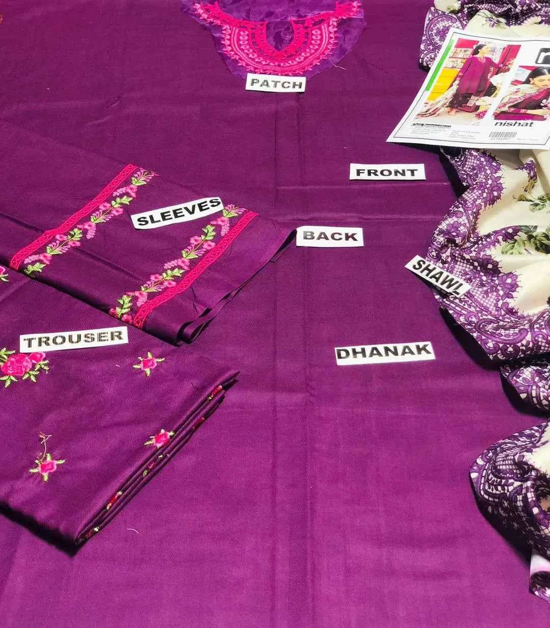 3 Piece - Dhanak Embroidered Suit with Digital Printed Pashmina Shawl (Unstitched)