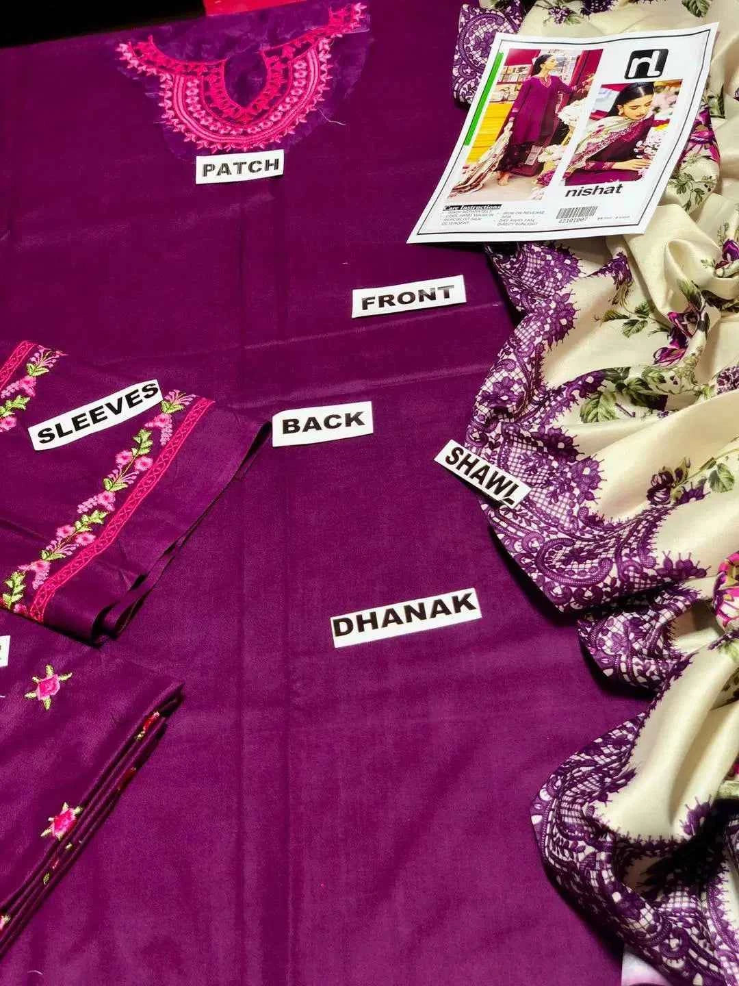 3 Piece - Dhanak Embroidered Suit with Digital Printed Pashmina Shawl (Unstitched)