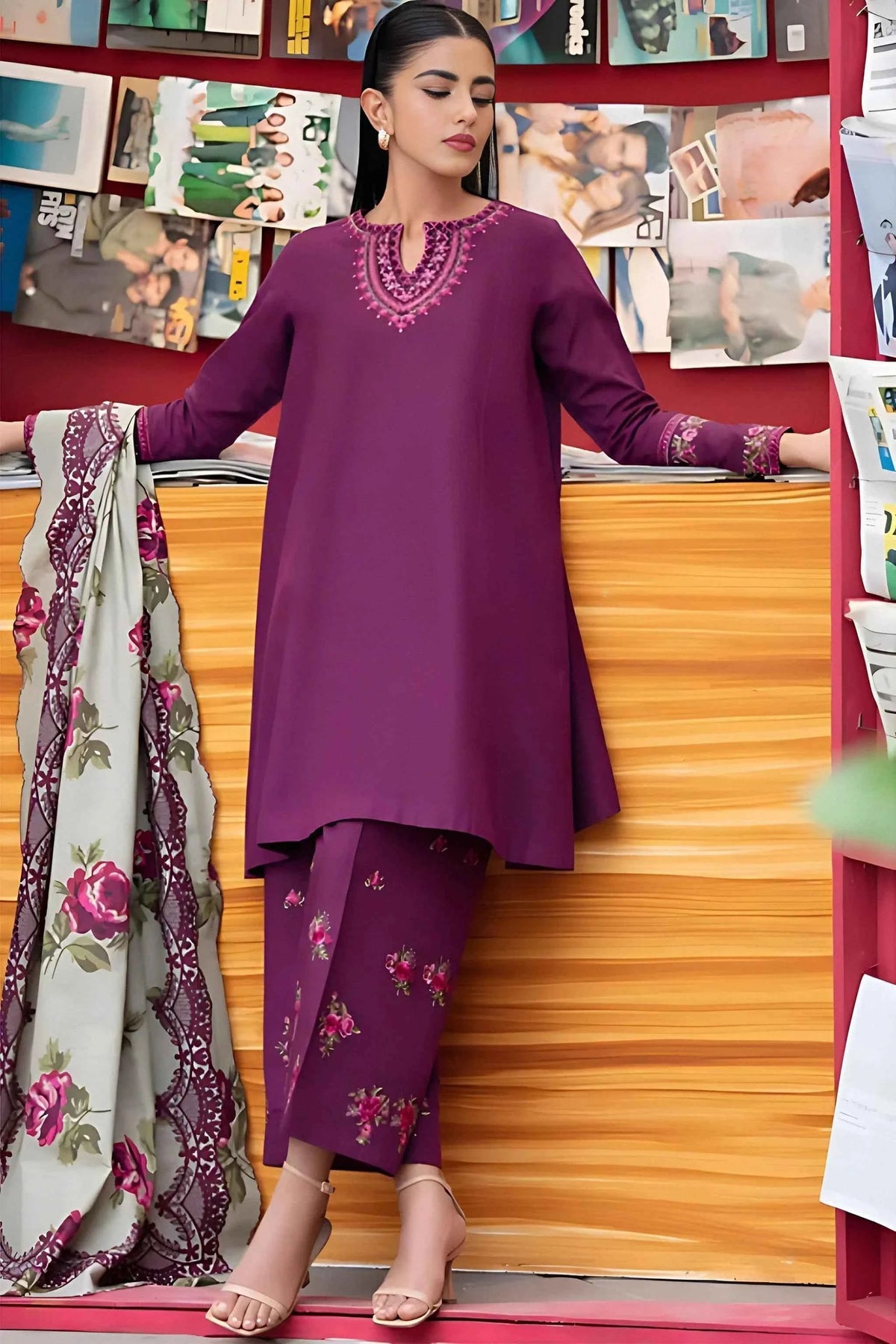 3 Piece - Dhanak Embroidered Suit with Digital Printed Pashmina Shawl (Unstitched)