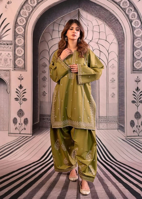 3 Piece - Dhanak Embroidered Suit with Digital Printed Wool Shawl (Unstitched)