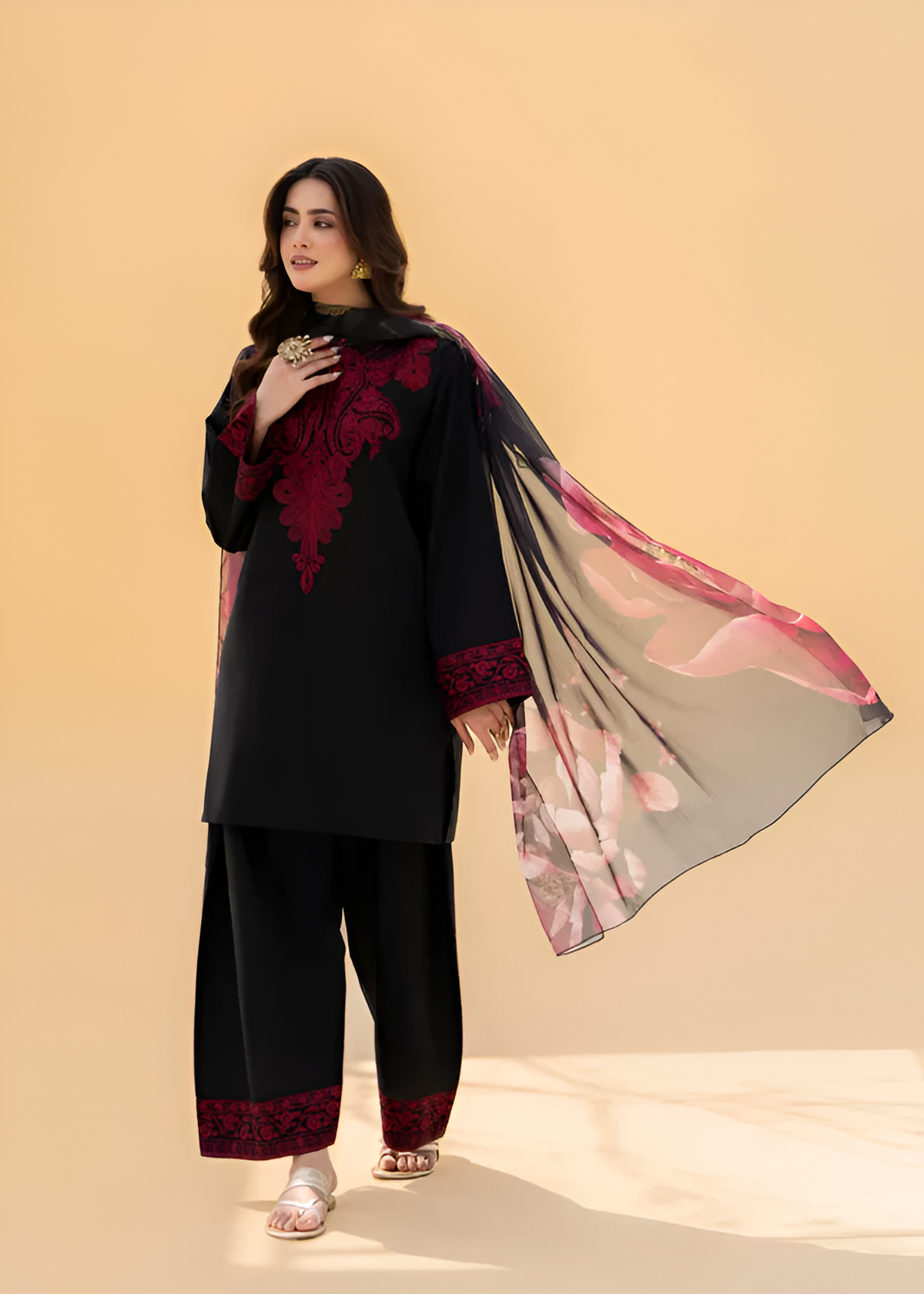 3 Piece - Laam Dhanak Embroidered Suit with Dhanak Digital Printed Dupatta (Unstitched)