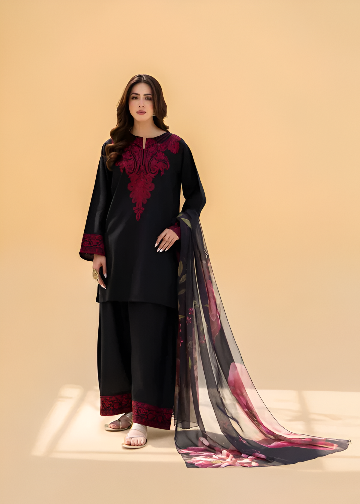 3 Piece - Laam Dhanak Embroidered Suit with Dhanak Digital Printed Dupatta (Unstitched)