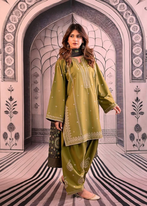 3 Piece - Dhanak Embroidered Suit with Digital Printed Wool Shawl (Unstitched)
