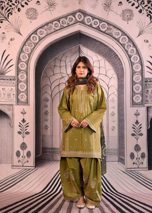 3 Piece - Dhanak Embroidered Suit with Digital Printed Wool Shawl (Unstitched)