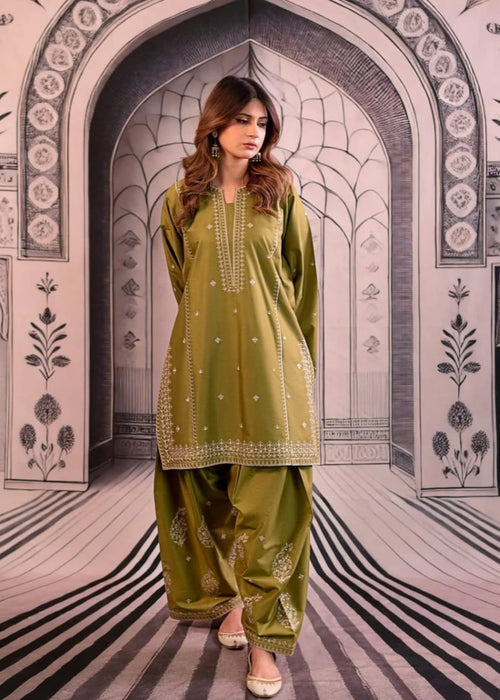 3 Piece - Dhanak Embroidered Suit with Digital Printed Wool Shawl (Unstitched)