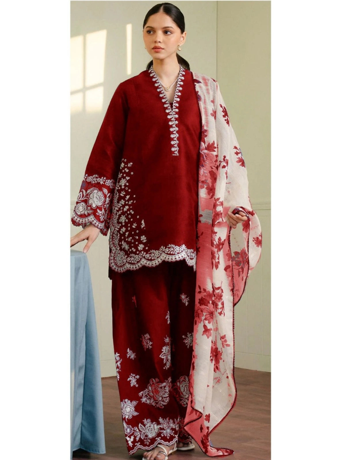 3 Piece - Zara Shahjahan Dhanak Full Heavy Embroidered Suit with Digital Printed Soft Pashmina Wool Shawl (Unstitched)