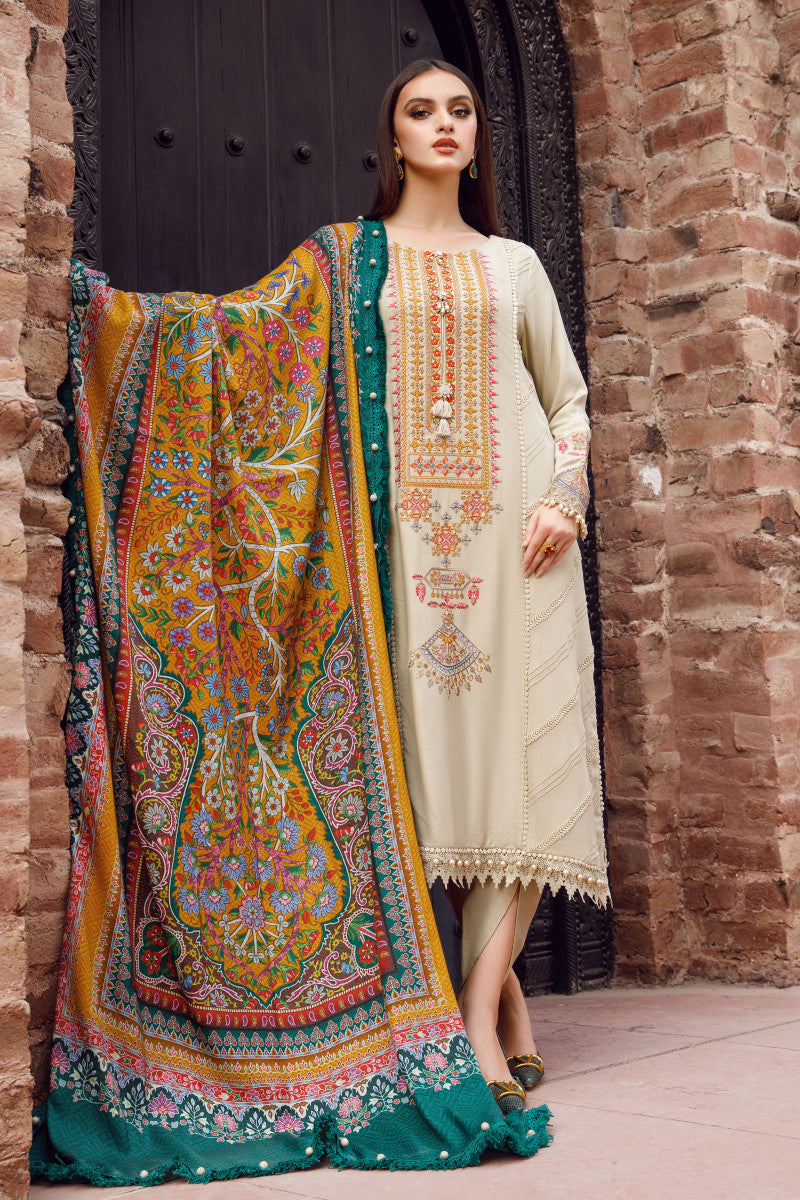 3 Piece - Maria B Dhanak Full Heavy Embroidered Suit with Digital Print Wool Shawl Dupatta (Unstitched)