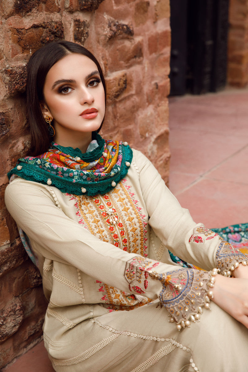 3 Piece - Maria B Dhanak Full Heavy Embroidered Suit with Digital Print Wool Shawl Dupatta (Unstitched)