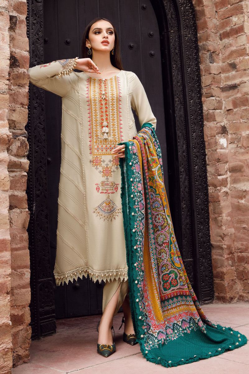 3 Piece - Maria B Dhanak Full Heavy Embroidered Suit with Digital Print Wool Shawl Dupatta (Unstitched)