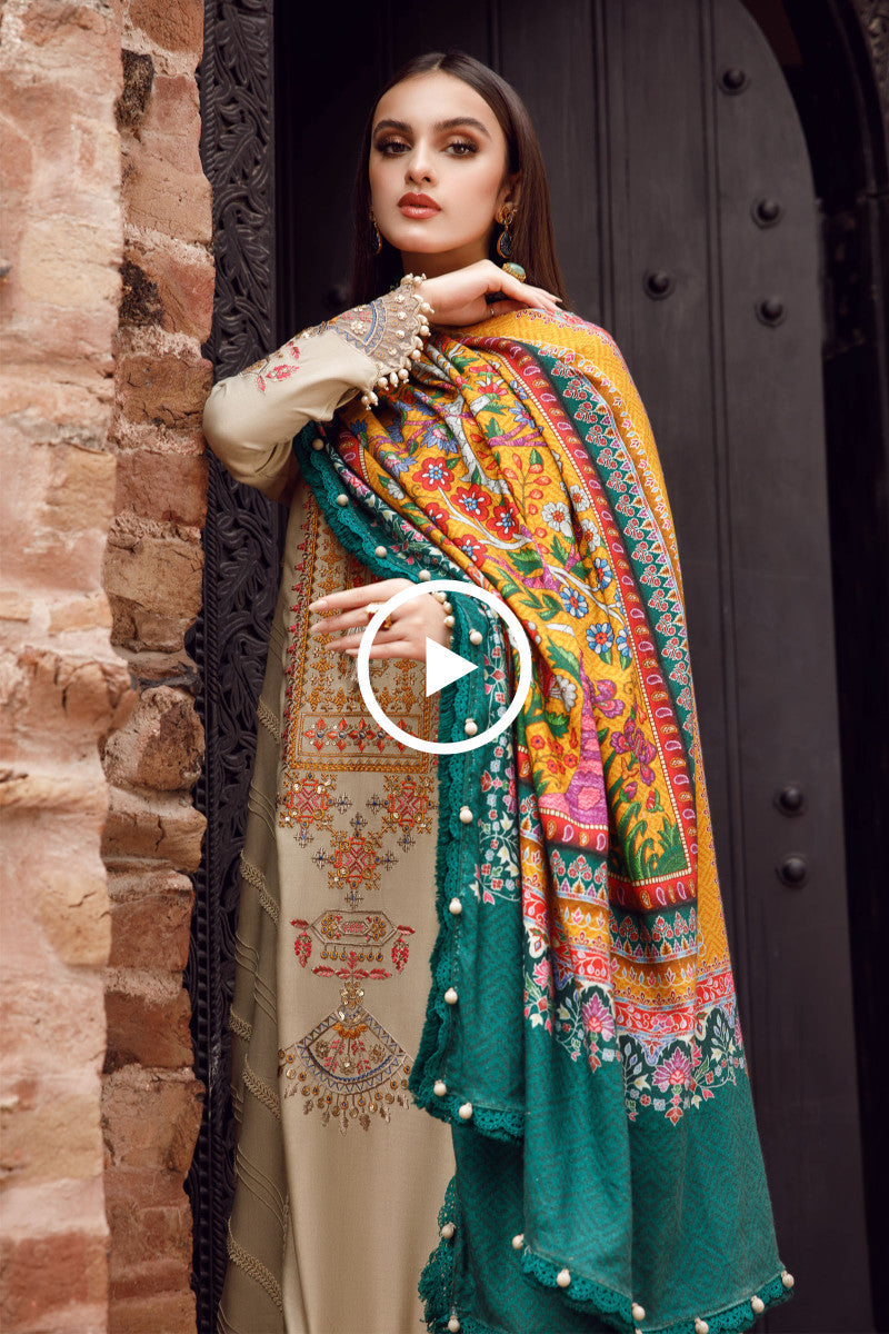 3 Piece - Maria B Dhanak Full Heavy Embroidered Suit with Digital Print Wool Shawl Dupatta (Unstitched)